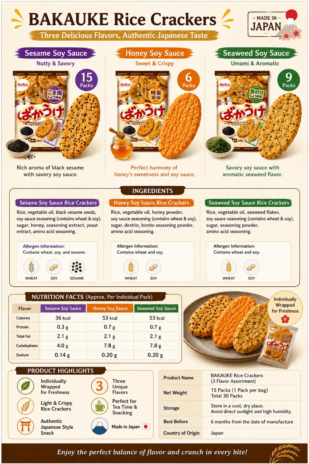 Japanese Rice Crackers Variety Pack, Individually Wrapped Senbei Snacks, Sesame Soy Sauce, Honey Soy Sauce & Seaweed Flavors, Made in Japan, 30 Packs