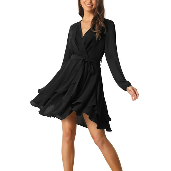 INSPIRE CHIC Women's Deep V Neck Wrap Long Sleeve Belted Mini Skating Flowy Dress