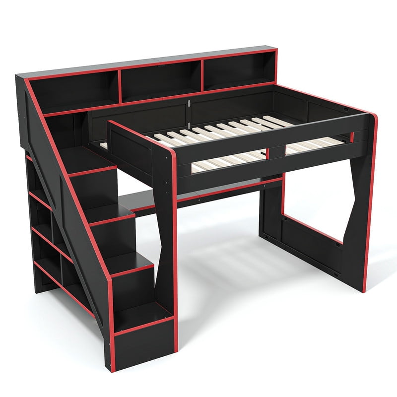 Full Size Teens Gaming Bed Frame with Storage Stair & Open Headboard Shelves, Wood Loft Bed with LED Light & Power Outlet Desk