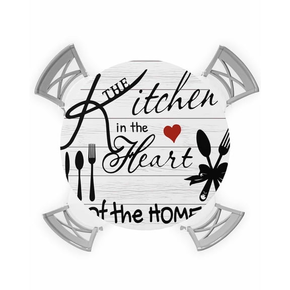 nqOlkjepod Kitchen Tableware Round Tablecloth, Fitted Table Cover with Elastic for 55"-60" Round Tables, Red Love Heart Black Words Vintage Table Cloth Outdoor Dinning Party Waterproof Tablecloths