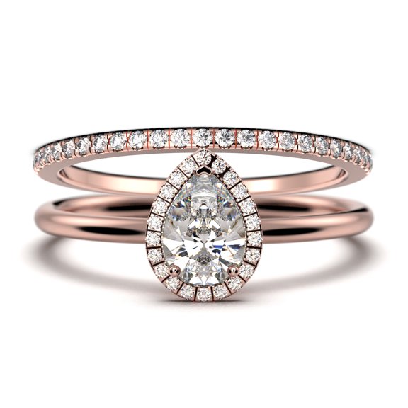 Beautiful Art Deco 1.75 Carat Pear Cut Affordable Diamond Moissanite Engagement Ring, Classic Wedding Ring, One Matching Band in 925 Sterling Silver With 18k Rose Gold Plating