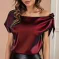 thumbnail image 4 of Blusa de seda con hombros descubiertos para mujer, blusa informal de manga corta con lazo, color puro, a la moda, color rojo vino S, 4 of 8