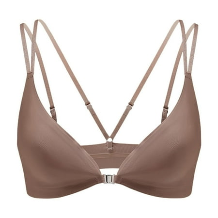 vigerkar Women s Front Closure Bras No Underwire Plunge V Neck Bra Low Cut Padded Bralettes Soft Comfy Seamless Everyday Bra Brown  M
