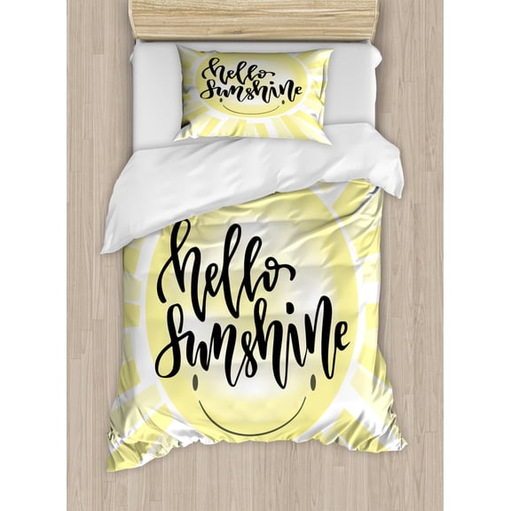 Hello Sunshine Duvet Cover Set Twin Size, Smiling Sun with Dark Toned Handwriting Modern Motifs, Decorative 2 Piece Bedding Set with 1 Pillow Sham, Pale Yellow Charcoal Grey White, by Ambesonne