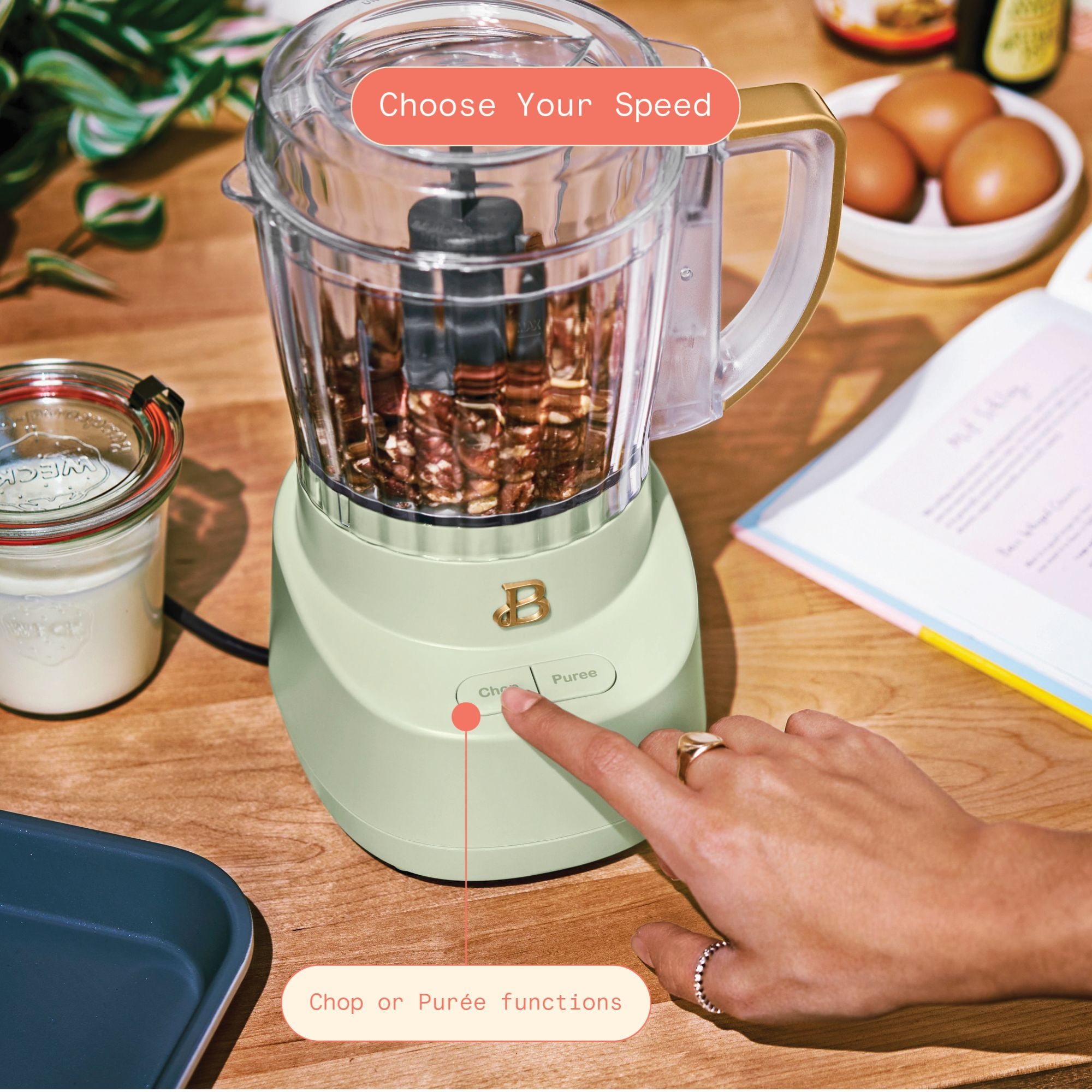 Beautiful 3-Cup Food Chopper, Sage Green by Drew Barrymore