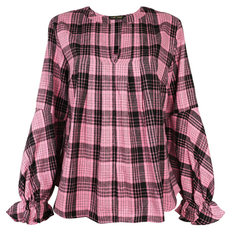 FANCYINN Women's Casual Flannel Plaid Pleated Front Babydoll Tunic Tops  Split Neck Long Lantern Sleeves Loose Pullover ShirtsBlack & Red Plaid S 