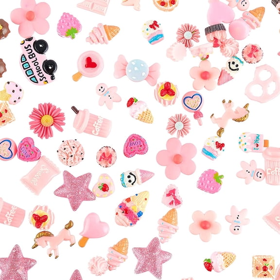 PH 100pcs Pink Resin Slime Charms Mix Candy Cake Resin Cabochons Flatback Embellishments Flower Ornament Beads Making Supplies for DIY Scrapbooking Crafts Cell Phone Case Making Colorful