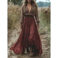thumbnail image 3 of Burgundy Boho Long Sleeve Deep V-Neck A-Line Maxi Dress With Embroidered Bodice And Tiered Skirt, 3 of 3