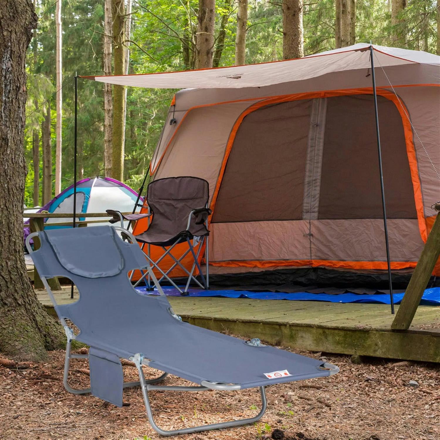 Demi Bonn Outdoor Folding Beach Lounger with Pillow, 5-Position Sun Tanning Chair, Face Hole for Beach, Yard, Patio, Gray