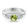 thumbnail image 3 of Gem Stone King 10K White Gold Green Peridot White Moissanite and White Lab Grown Diamond 5 Stone Bridal Engagement Wedding Ring Set for Women (0.86 Cttw, Round, Size 7), 3 of 6