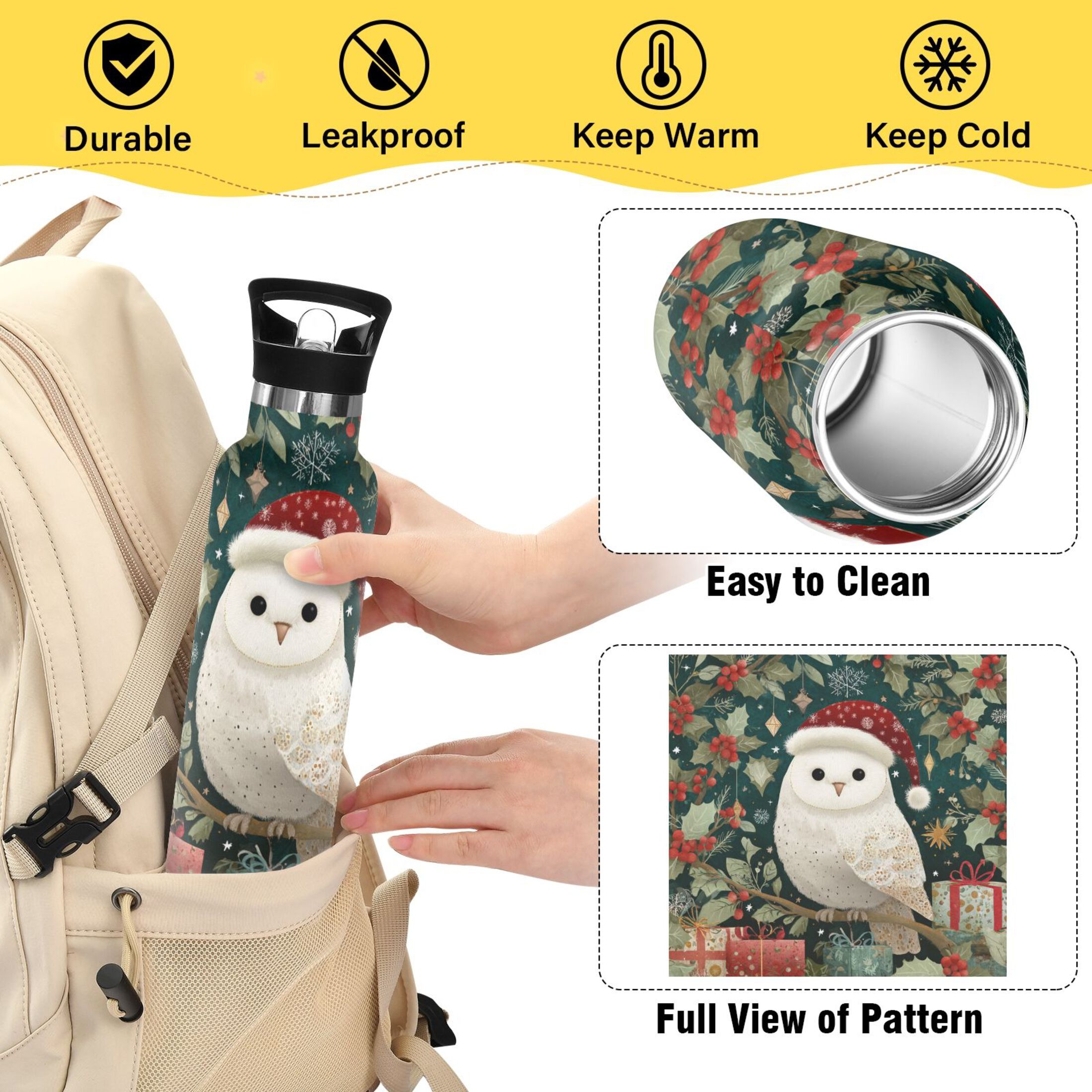 600ML Stainless Steel Insulated Cup Sports Water Bottle Portable Thermos Cup Water Glasses Insulated Tumblers Convenient and Durable Warm Christmas Owl