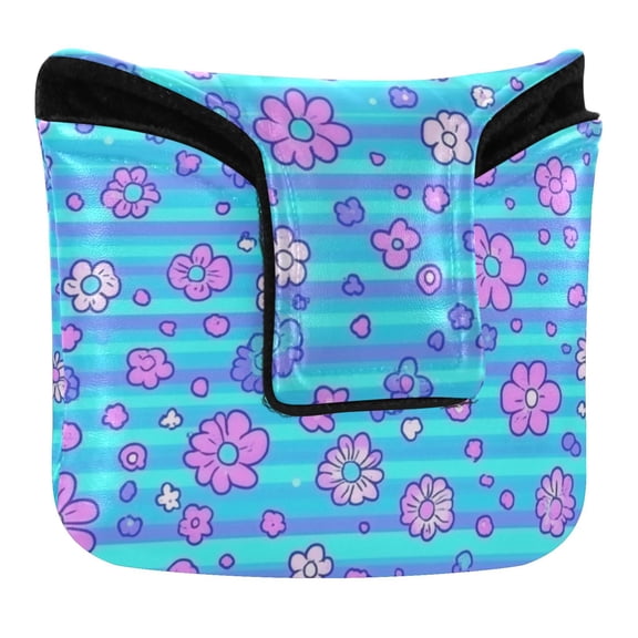 Haosy Blue Stripes with Cute Flowers Golf Mallet Putter Cover Strong Magnetic Leather Golf Club Headcover Closure