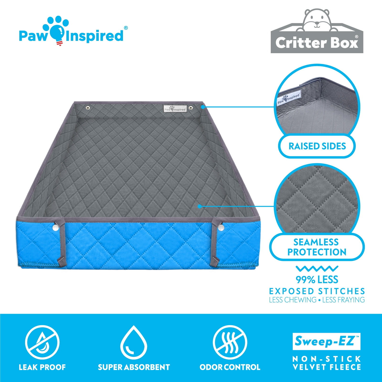 Paw Inspired Critter Box Guinea Pig Cage Liner, Washable Reversible Fleece Bedding with Raised Walls, Leakproof Waterproof Bottom (C&C 2x3, Gray/Blue)