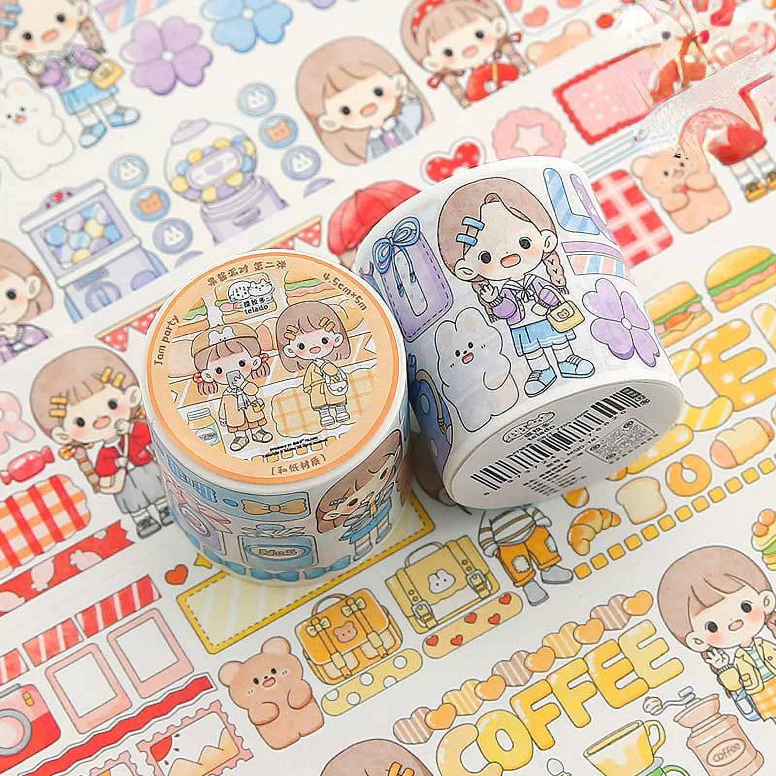 Danceemangoos Kawaii Washi Tape Set - 4 Rolls Cute Washi Paper Masking Tape and 4pcs Stickers Set, DIY Decorative Stickers for Journaling, Yellow