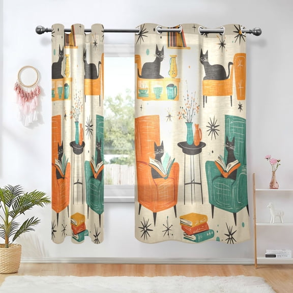 Yayeee Window Curtains Light Filtering 63"x42" Grommet Panel Pair Home Living Room Decor, Black Cats Reading