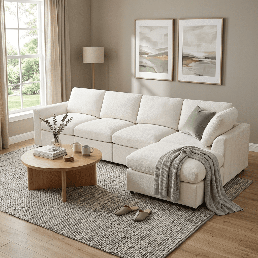 Howcool 130.3"W L-Shaped Modular Sectional Sofa with Movable Ottoman,5-Seater Chenille Upholstered Sofa,Deep Seat Sofa Couch for Living Room and Apartment,Beige