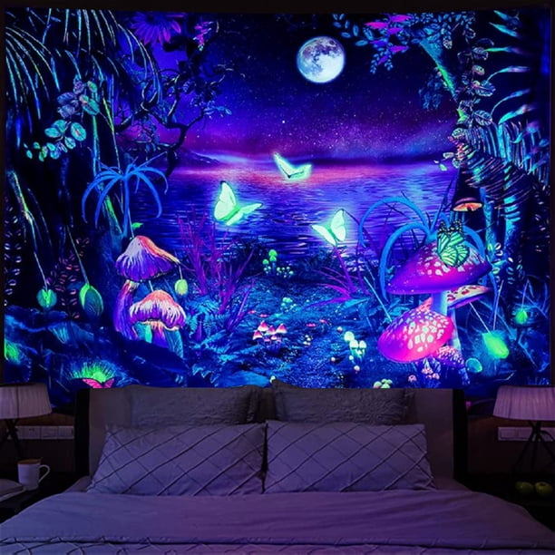 Tapiz fluorescente junto al lago del bosque, decoración de dormitorio, fondo luminoso (200x145cm)