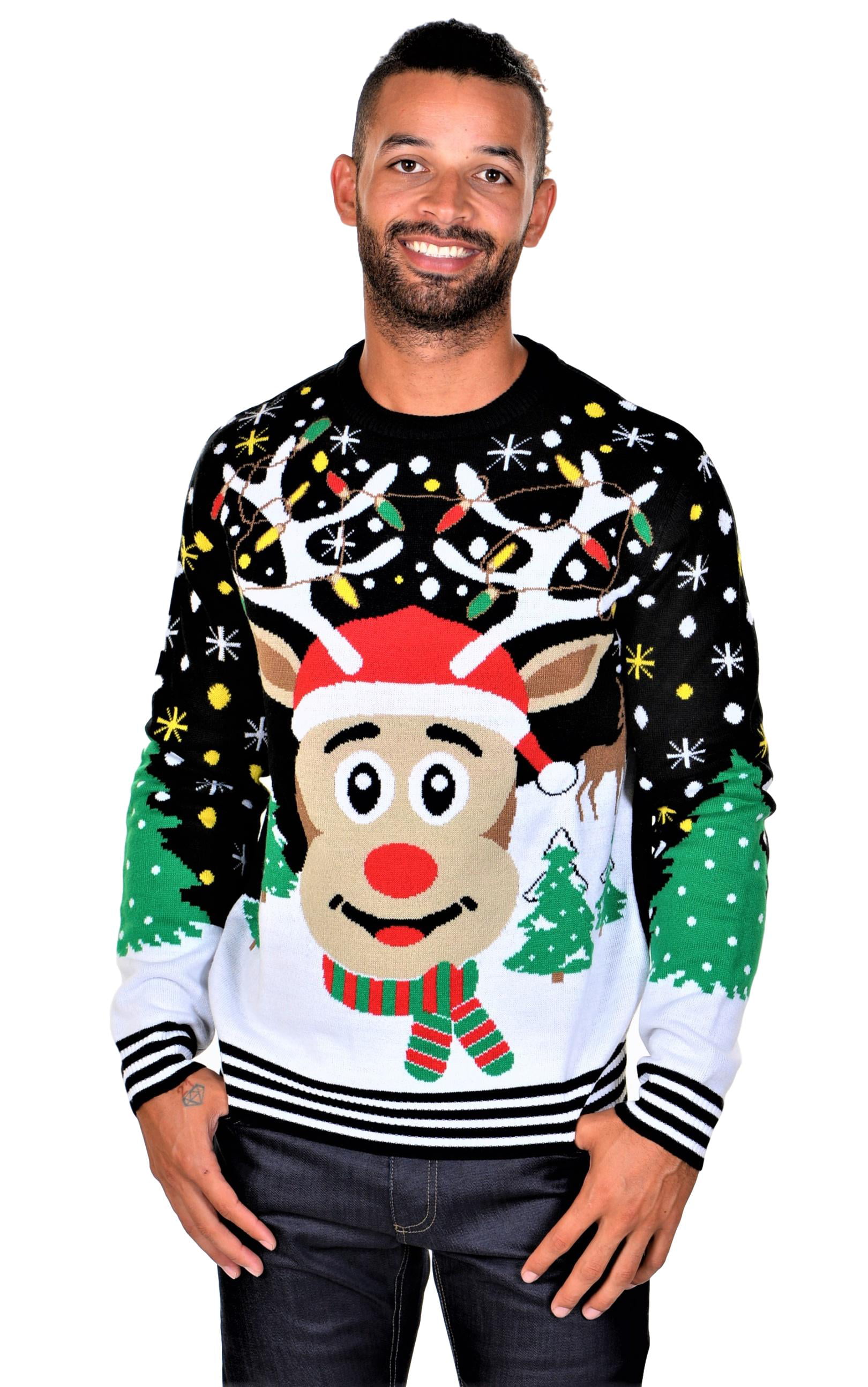 Crew Neck Green Smiling Rudolph Print Knitted Jumper Womens Unisex Sweater Top 