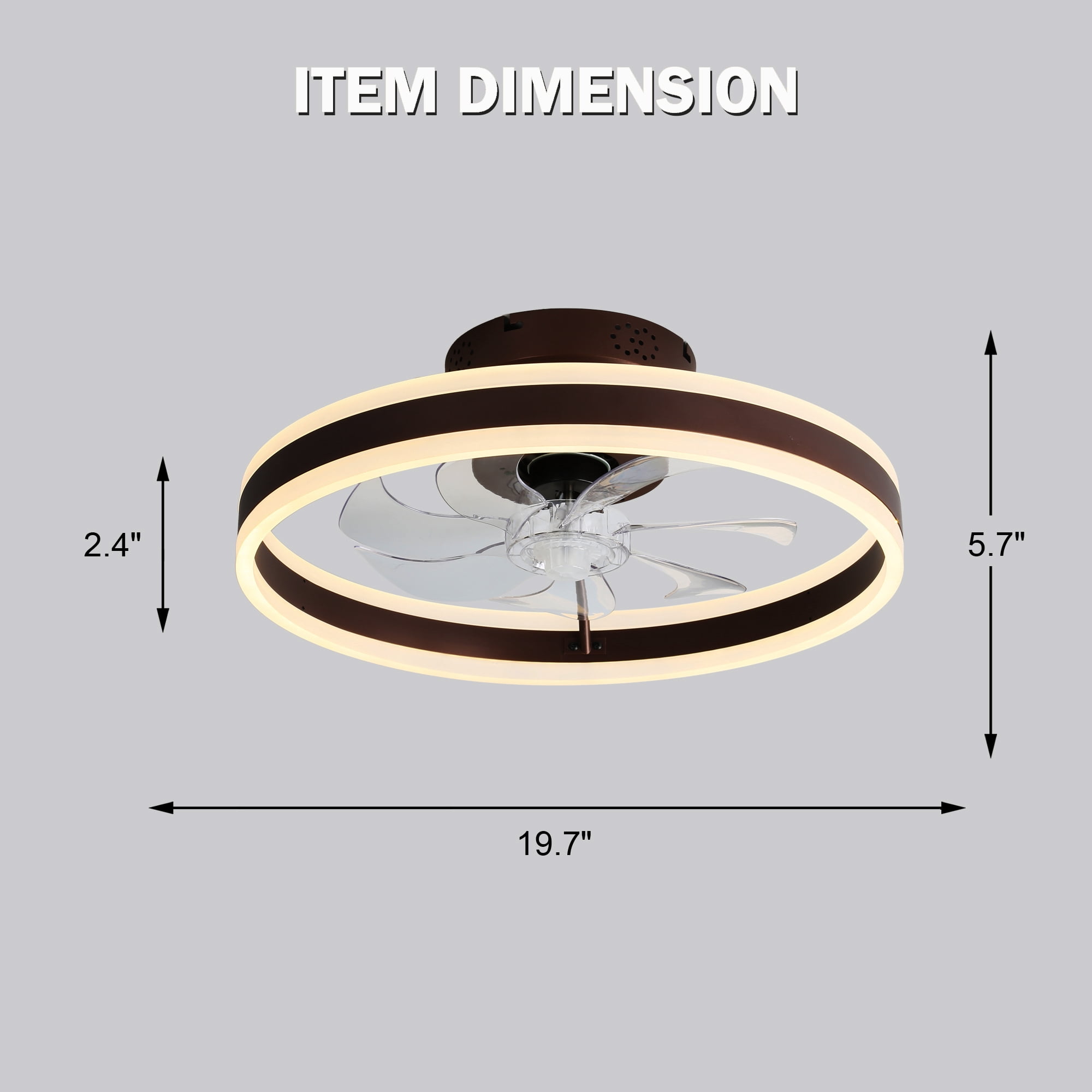 20" Coffee Brown Reversible Flush Mount Ceiling Fan with Remote Control, APP Control 6-Speed Low Profile Ceiling Fan with Dimmable Light