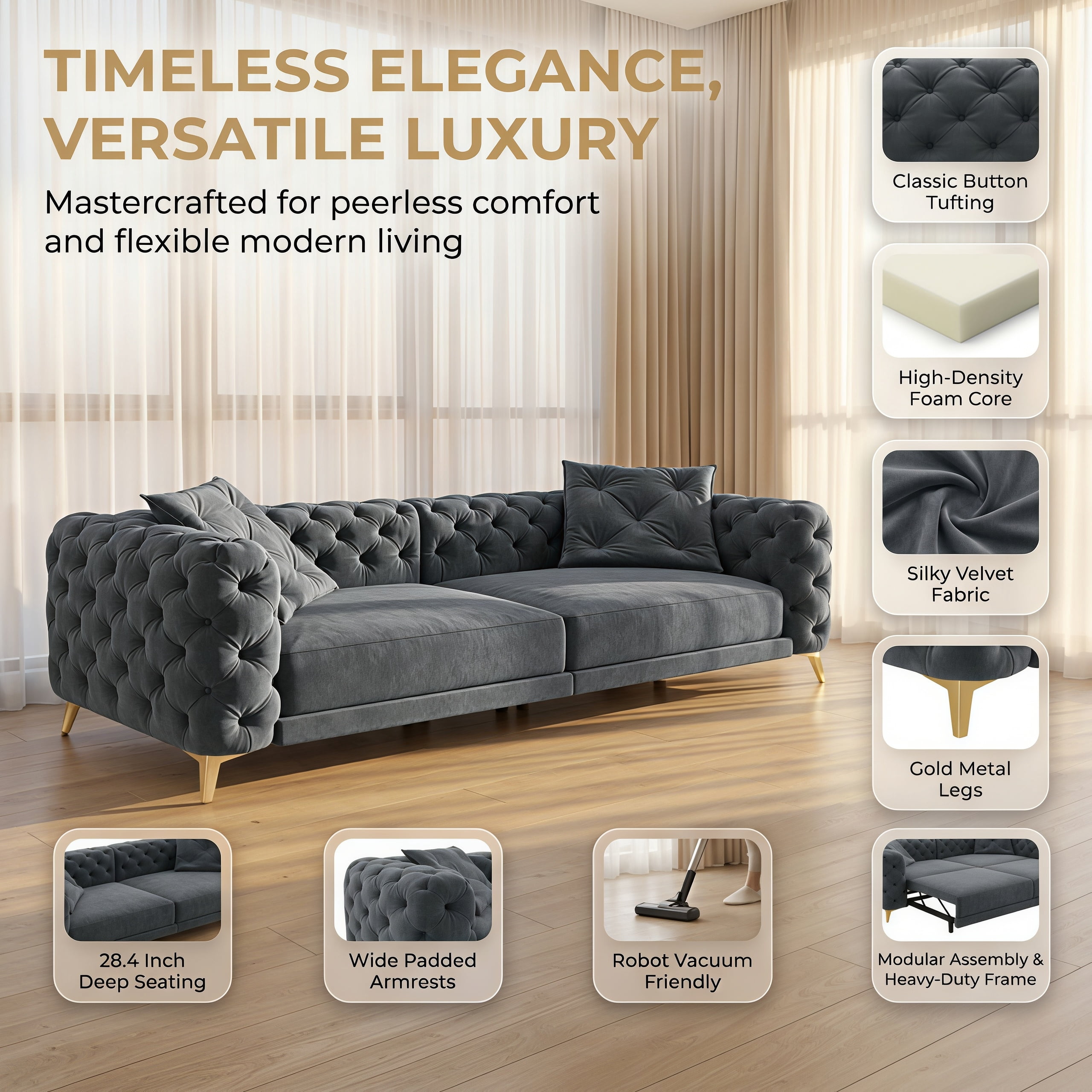 3-in-1 Velvet Sleeper Sofa Bed, 97.7" Modern Button Tufted Convertible Pull Out Couch with Gold Metal Legs & Deep Seat for Living Room, Drak Gray