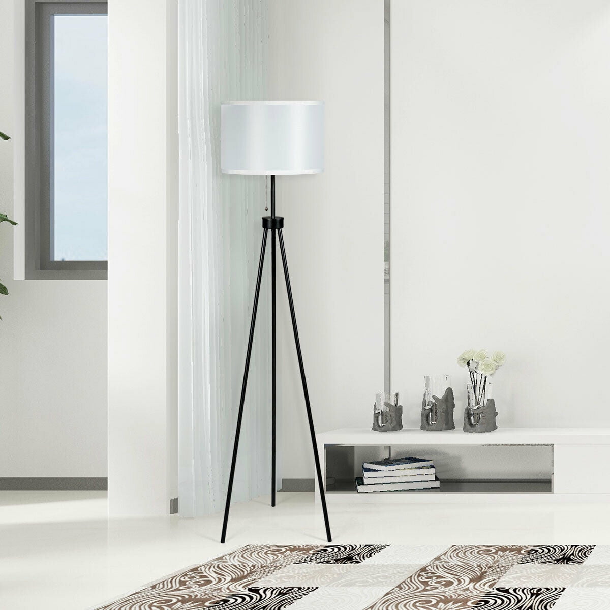 Gymax Modern Metal Tripod Floor Lamp White Fabric Shade w/ Chain Switch Home & Office