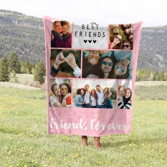 AISENIN Custom Pink Photo Blanket Personalized Throws Blanket Best Friend Photo Blanket Cozy Blanket Personalized Friend Gift Custom Collage Blanket