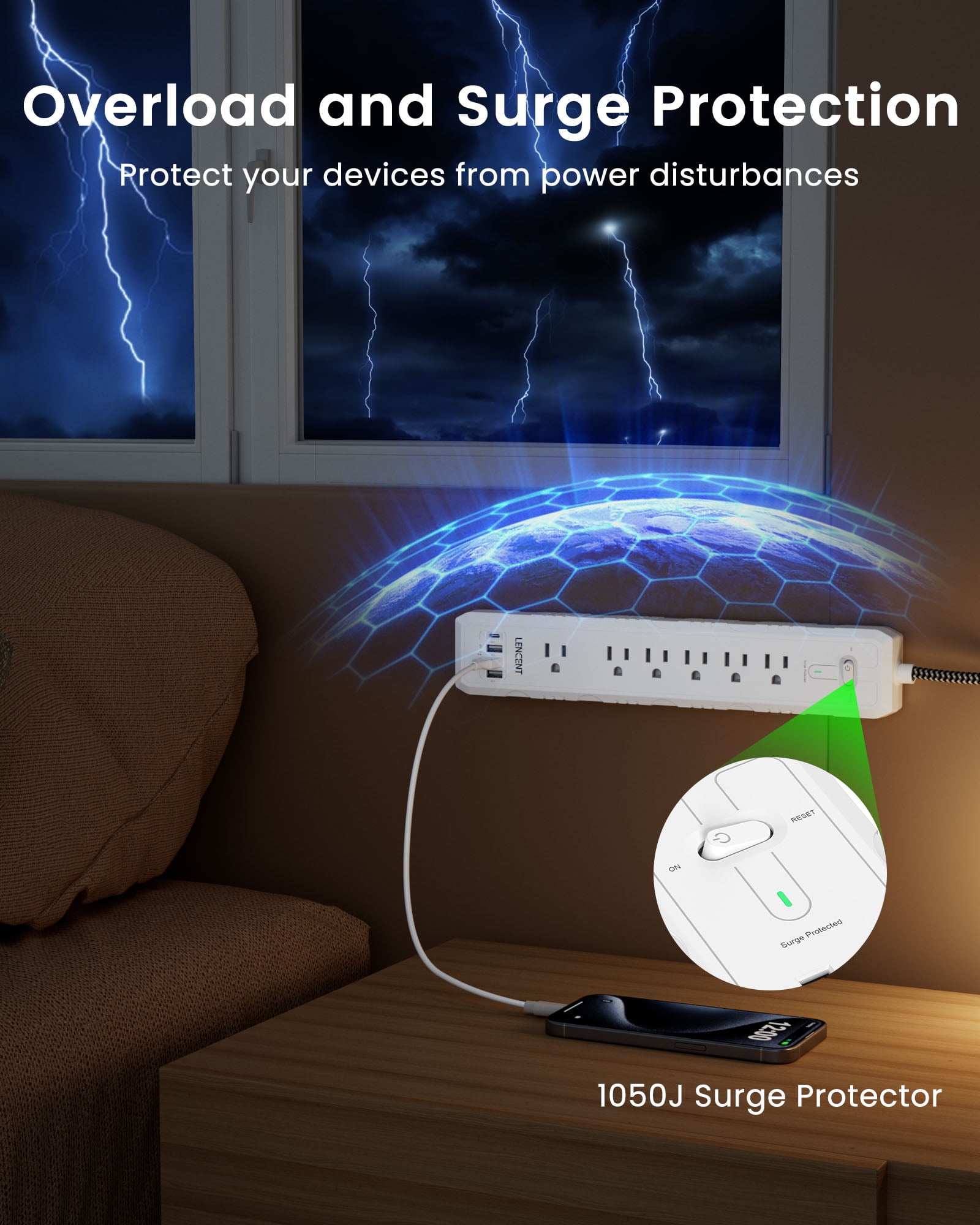 LENCENT 2 Prong Power Strip 6ft, 6AC+4USB(1Type-C), Surge Protector, 2-to-3 Prong Polarized Flat Plug for Indoor