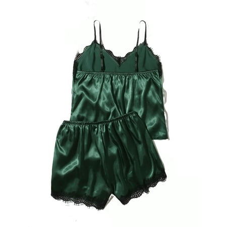 

Womens Pajama Sets Contrast Lace Spaghetti Strap Sleepwear Dark Green S