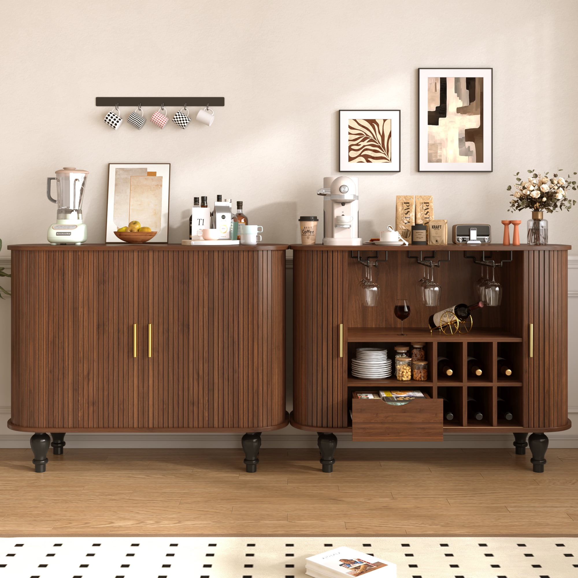 avobird 39" Fluted Liquor & Coffee Bar Cabinet with 6 Wine Racks and 3 Glass Holders, Mid-Century Modern Bar Cabinet with A Large Storage Drawer ,4 Hidden Storage Space on the Side , Walnut