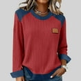 thumbnail image 2 of Moxiu Women's 2026 Spring Ribbed Knit Crewneck Long Sleeve Color Block Denim Patchwork Textured Pullover Sweater Tops Red,S, 2 of 6