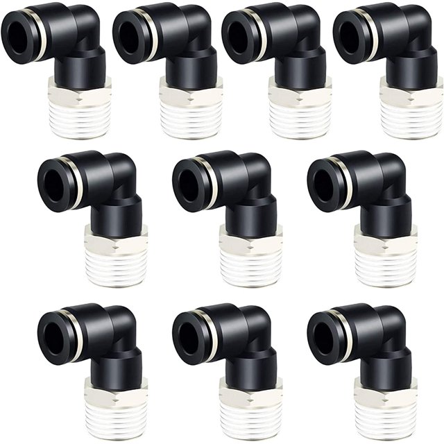 Conectores neumáticos de 10 piezas, conector de codo neumático negro, accesorios de manguera de codo macho de 6 mm de diámetro exterior x rosca NPT de 3/8 pulgadas, aire comprimido neumático