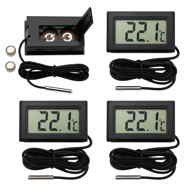 Digital Fridge Thermometer 4 Pcs Mini Thermometer Fridge Temperature with External Probe for Freezer Refrigerator Aquarium LCD Display -50℃ to +110℃ Range ±10℃ Accuracy Black