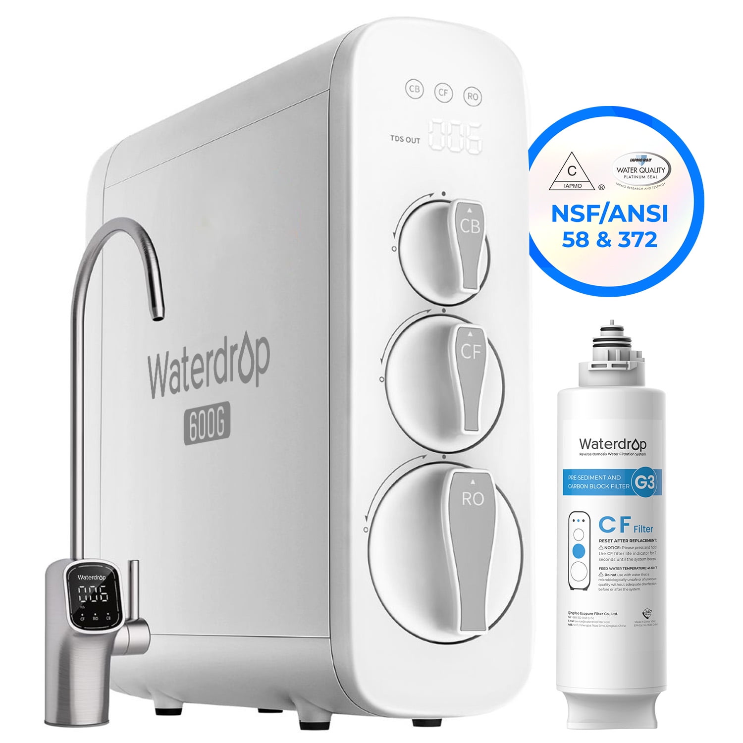 Restored Waterdrop G3P600 Reverse Osmosis System, 8 Stage,600 GPD,Under Sink RO System, 2:1 Pure to Drain, Smart LED Faucet, with G3-N1CF Water Filter (Refurbished)
