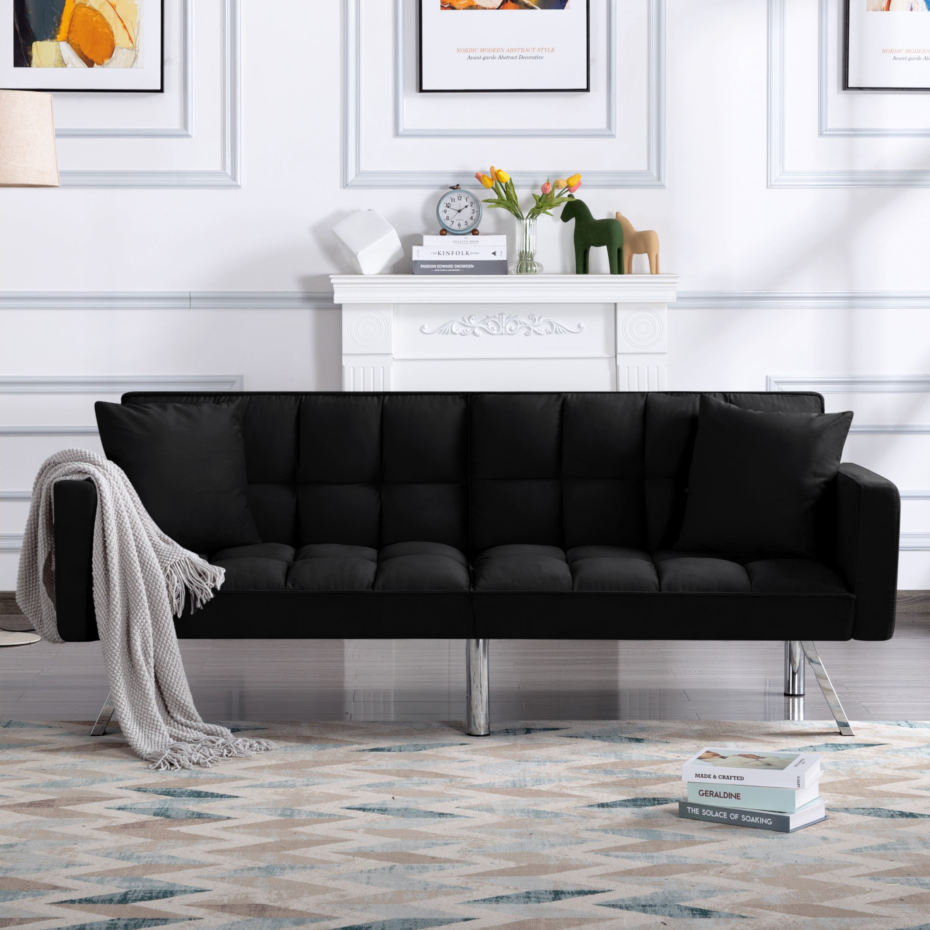 BSHTI 74” Twin Size Futon Sofa Bed,Square-tufted Upholstery Futon Sleeper,Velvet Fabric Sleeper Sofa,for Home,Office,and Guest Room,Black