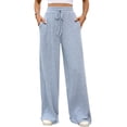 thumbnail image 2 of Pantalones de Pijama Holgados de Punto Suave con Bolsillos y Pernera Acanalada para Mujer con Cordón Ajustable. Azul XL, 2 of 9