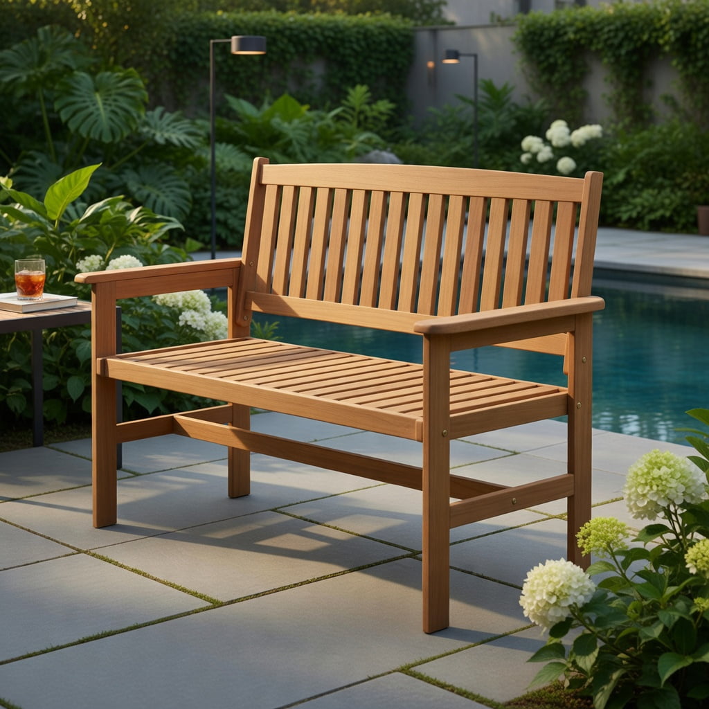 Hommoo 2-Person Solid Wood Patio Loveseat with Slatted Backrest, Ergonomic Curved Seat & Supportive Armrests for Porch, Backyard & Outdoor Living, Natural