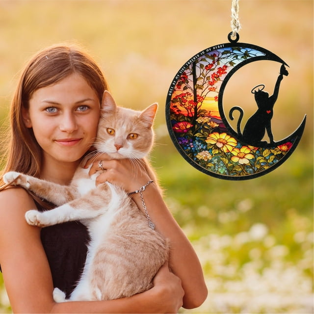 Attrape-soleil Commémoratif pour Chat pour Fenêtres Vitrail Sympathie pour Animaux de Compagnie pour Commémorer la Perte Statue Unique de Chat Attrape-Soleil Vitrail Chaîne Suspendue en Céramique Couronne de Noël Feuille Pack Perles en Forme de Larme