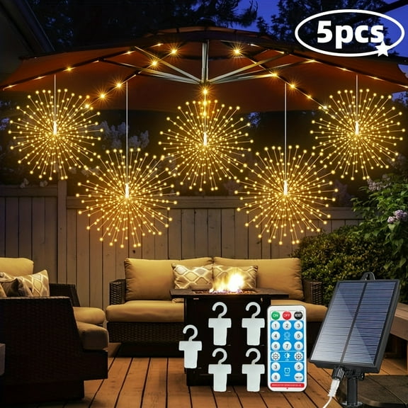 5 Packs 480LED Solar Star Burst Ball Lamps - Fireworks Style, Remote w/Timer, 8 Modes, Hanging Copper Wire Fairy Lights, 1200mAh Ni-MH Battery, for Garden/Party/Tent/Christmas Decor