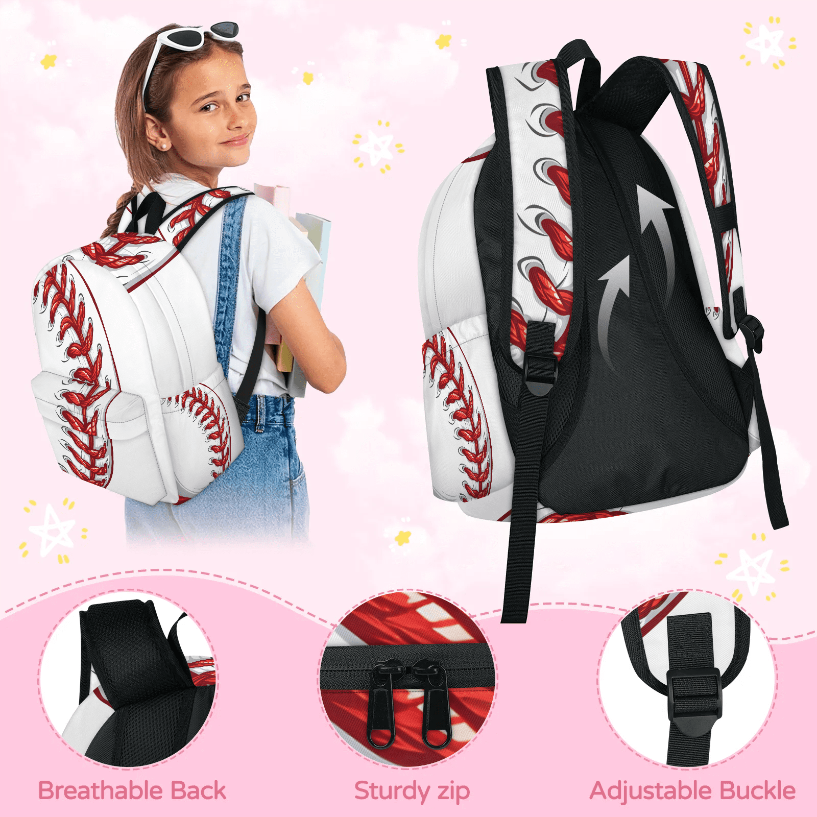 Herdesigns Baseball Backpack for Men Women, Lightweight Laptop Backpack 16.3 Inch Red Ball Sports Casual Daypack for Travel Work Commuter