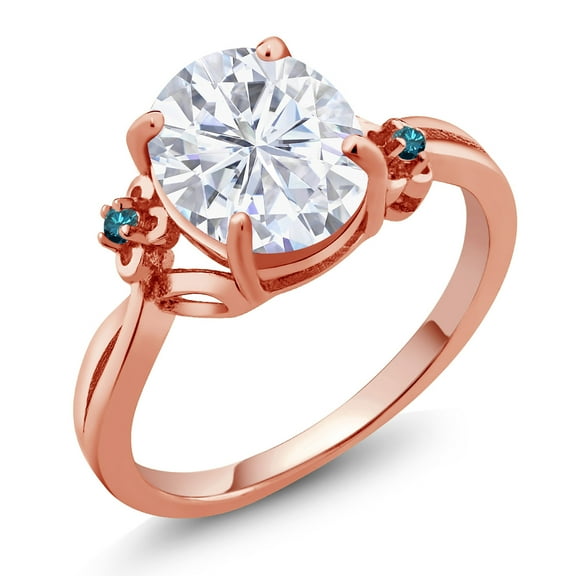 Gem Stone King 18K Rose Gold Plated Silver White Moissanite and Blue Diamond 3 Stone Ring for Women (3.03 Cttw, Oval 10X8MM, Gemstone Birthstone, Size 8)