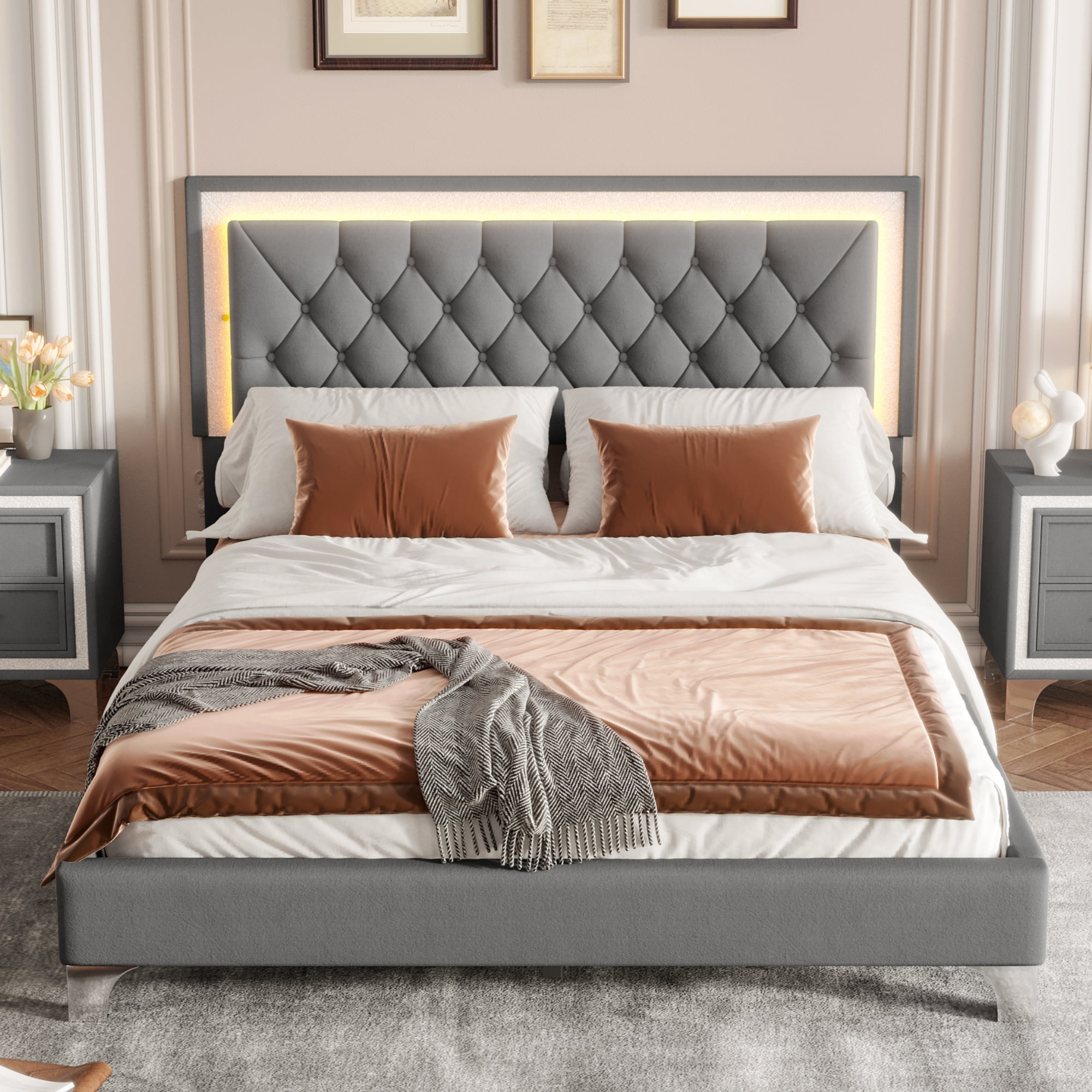 FFZ Velvet Upholstered Queen Platform Bed Frame with LED Lights Tufted Headboard, Gray