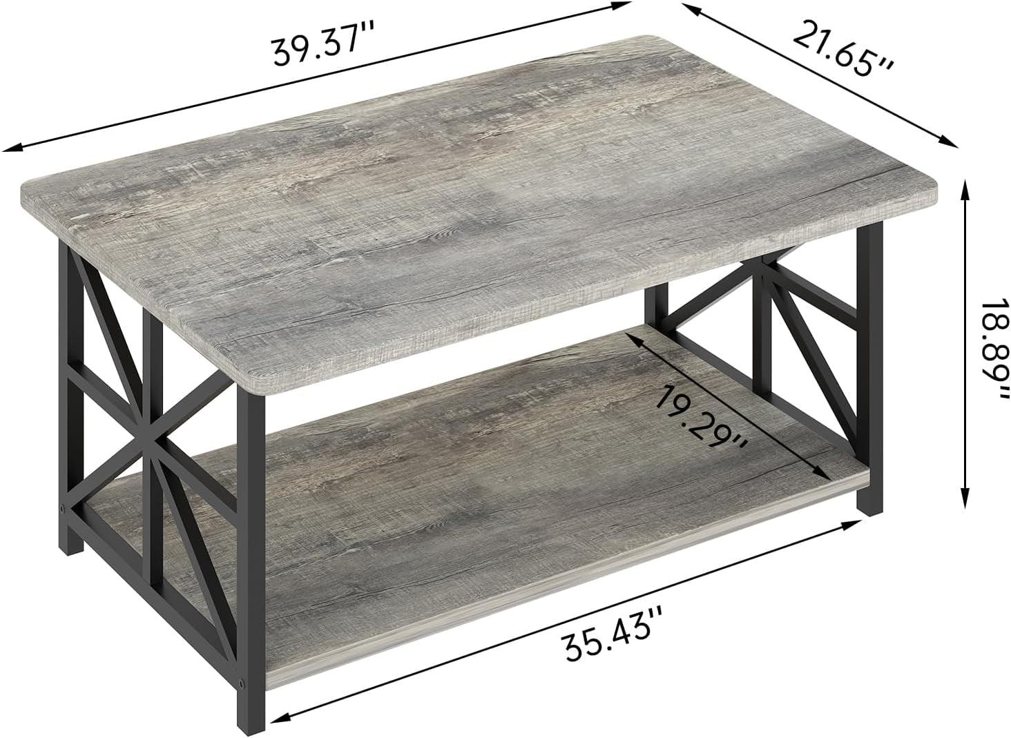 LinkRomat Rectangular Coffee Table with Storage Shelf, 2-Tier Center Table with Rounded Corners for Living Room, Small Spaces, Easy Assembly, Gray