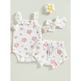 thumbnail image 3 of Musuos Baby Girls 3Pcs Summer Outfits, 3 6 12 18M Floral Sleeveless Strap Romper + Shorts + Headband Set, 3 of 10