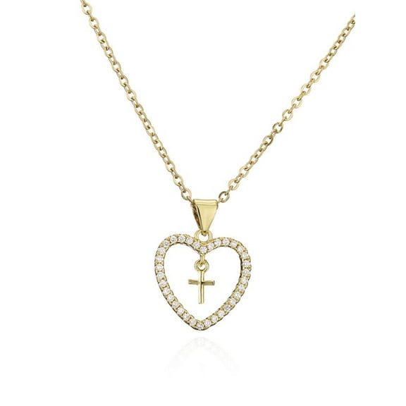 Women's 18kt Yellow Gold Plated Cubic Zirconia Heart Cross Pendant Necklace