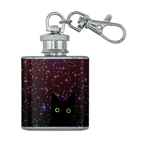 Black Cat in Space with Stars and Galaxy Stainless Steel 1oz Mini Flask Key Chain