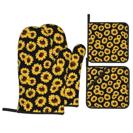

Oven Mitts and Pot Holders 4 pcs Set cute Sunflowers black Aesthetic Heat Resistant Pot Holders Oven Mitts for kitchen Non-Slip Hanging Loop Oven Glove Potholders for Baking Cooking