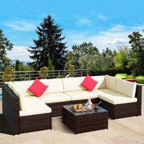 Outdoor Patio Conversation Furniture Sets, 7-Piece Wicker Patio Conversation Furniture Set w/2 Corner Sofa, Tempered Glass Table, 4 Single Sofa, 12 Padded Cushions, 2 Pillows, White, S5160