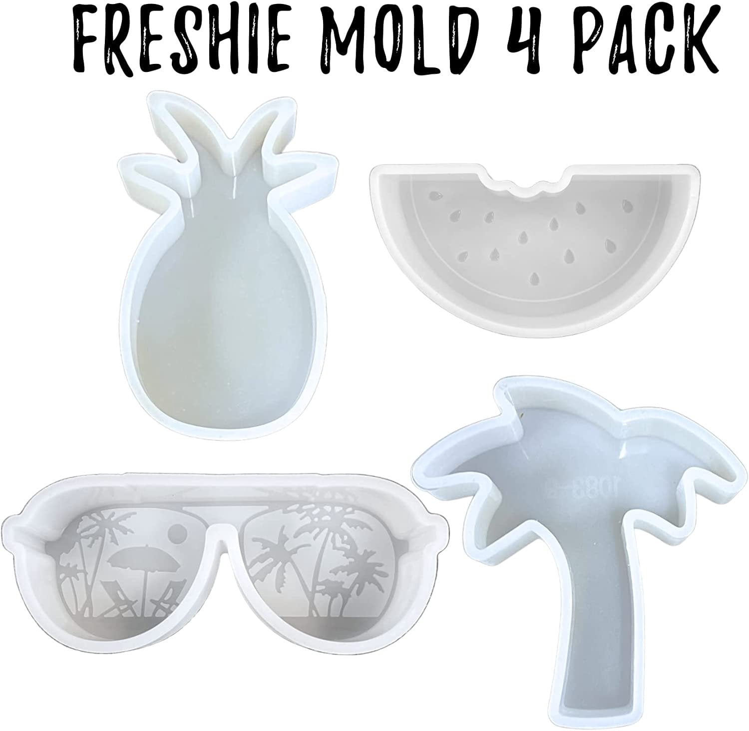 Summer Tropical Palm Tree, Pineapple, Sunglasses, and Watermelon  4 Pack Bulk Car Freshie Silicone Molds Wholesale for Scented Aroma Beads Car Candle, Heat Resistant to 450 F Bake Oven Safe