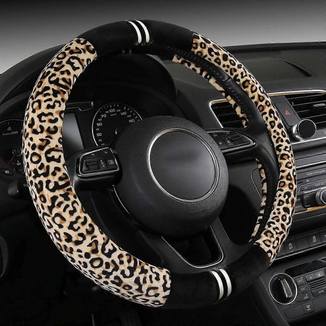 Leopard Print Steering Wheel Cover,Cheetah Velvet Cloth,Smooth Touching,Breathable,Universal 15 inch,Beige (leo01)