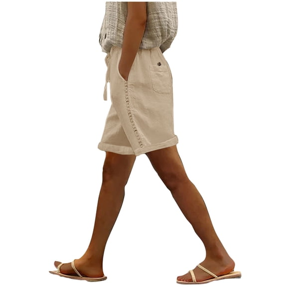 SAFUNY Women's Linen Loose Shorts Drawstring Waist Cuffed Hem Beach Vacation Bottoms Beige L